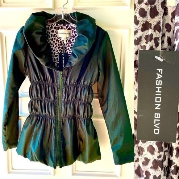 Green Silk Jacket Womens Sz XS to S with Ruffled Collar Cinched Waist - Picture 11 of 12
